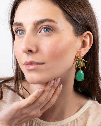 Katerina Psoma Gold beetle-shaped earrings with green teardrop stones 