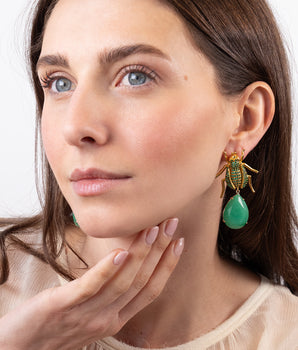 Katerina Psoma Gold beetle-shaped earrings with green teardrop stones 