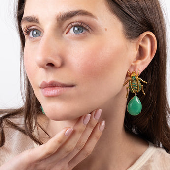 Katerina Psoma Gold beetle-shaped earrings with green teardrop stones 