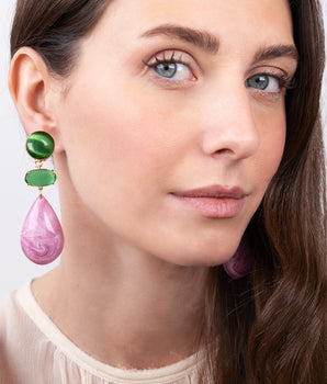 Katerina Psoma Pair of clip earrings with green top stones and pink teardrop-shaped drops 