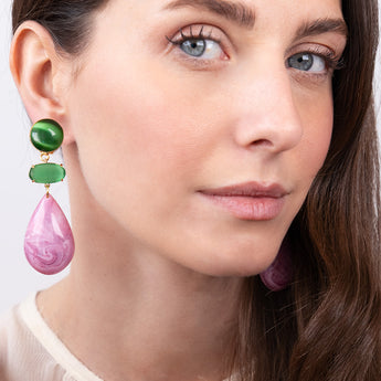 Katerina Psoma Pair of clip earrings with green top stones and pink teardrop-shaped drops 