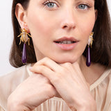 Katerina Psoma Gold insect-shaped earrings with purple teardrop 