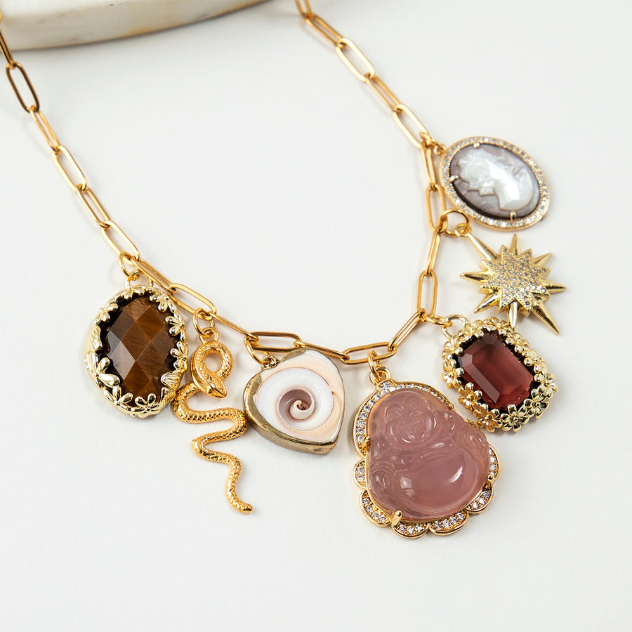 Pink Buddha Long Chain Necklace with Charms