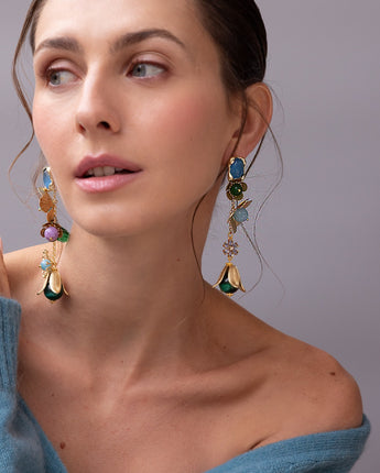 Katerina Psoma dangle metal earrings with flowers and stones