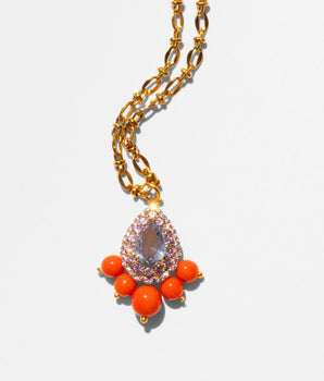 Katerina Psoma Gold necklace with a teardrop-shaped pendant and coral beads 