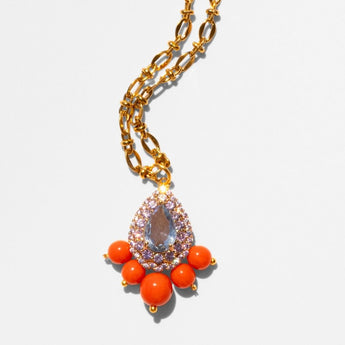 Katerina Psoma Gold necklace with a teardrop-shaped pendant and coral beads 