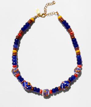 Katerina Psoma Colorful beaded necklace with a gold chain and trade beads