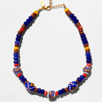 Katerina Psoma Colorful beaded necklace with a gold chain and trade beads