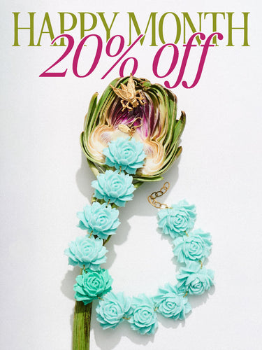 Turquoise flower necklace with 'Happy Month 20% Off' text on a white background