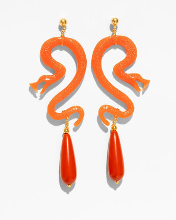 Katerina Psoma Orange snake-shaped earrings with teardrop pendants 