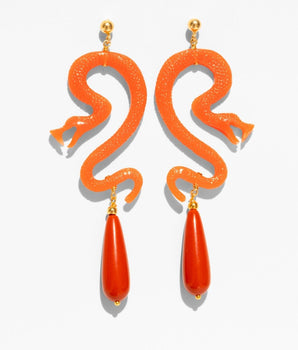 Katerina Psoma Orange snake-shaped earrings with teardrop pendants 