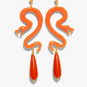 Katerina Psoma Orange snake-shaped earrings with teardrop pendants 