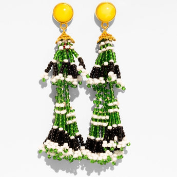 Katerina Psoma Pair of beaded earrings with yellow tops, green, black, and white beads 