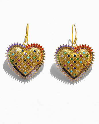 katerina Psoma Heart-shaped earrings with gold frame and multicolored gemstones 
