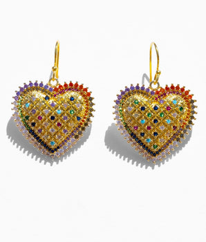 katerina Psoma Heart-shaped earrings with gold frame and multicolored gemstones 