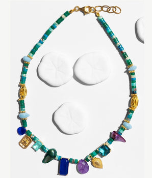 Katerina Psoma Turquoise Short Necklace with charms and crystals semiprecious stones