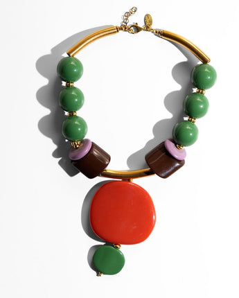 Katerina Psoma Colorful beaded necklace with green, brown, and orange beads