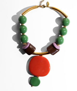 Katerina Psoma Colorful beaded necklace with green, brown, and orange beads
