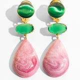 Katerina Psoma Pair of clip earrings with green top stones and pink teardrop-shaped drops 