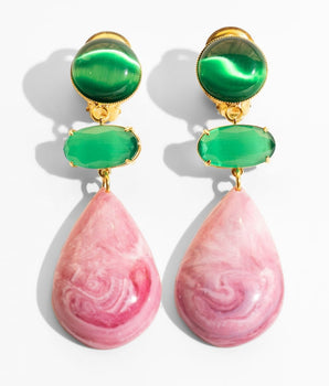 Katerina Psoma Pair of clip earrings with green top stones and pink teardrop-shaped drops 