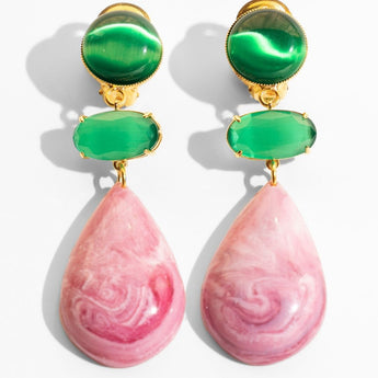 Katerina Psoma Pair of clip earrings with green top stones and pink teardrop-shaped drops 
