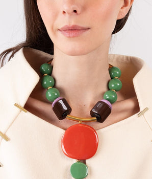 Katerina Psoma Colorful beaded necklace with green, brown, and orange beads