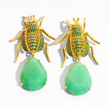 Katerina Psoma Gold beetle-shaped earrings with green teardrop stones 