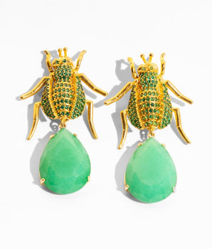 Katerina Psoma Gold beetle-shaped earrings with green teardrop stones 