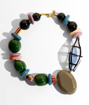 Katerina Psoma Colorful beaded short necklace with various shapes and sizes grey green