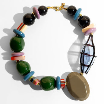 Katerina Psoma Colorful beaded short necklace with various shapes and sizes grey green