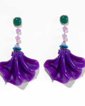 Purple floral earrings with green and pink accents 