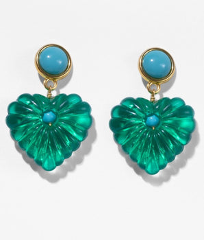 Katerina Psoma Pair of green heart earrings with turquoise stones 