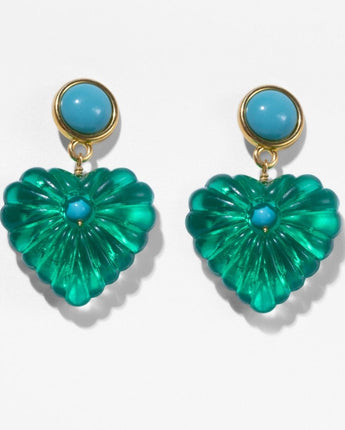 Katerina Psoma Pair of green heart earrings with turquoise stones 