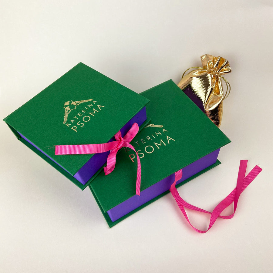 Katerina Psoma Green Clip Crystals Dangles pink drops packaging