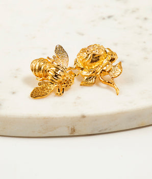 Katerina Psoma Rose Flower and Bee Metal Stud Earrings