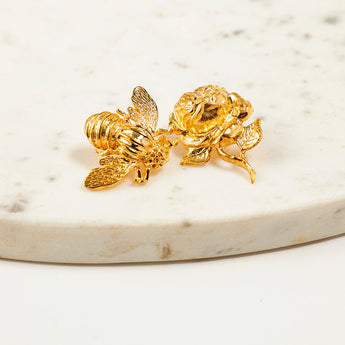 Katerina Psoma Rose Flower and Bee Metal Stud Earrings