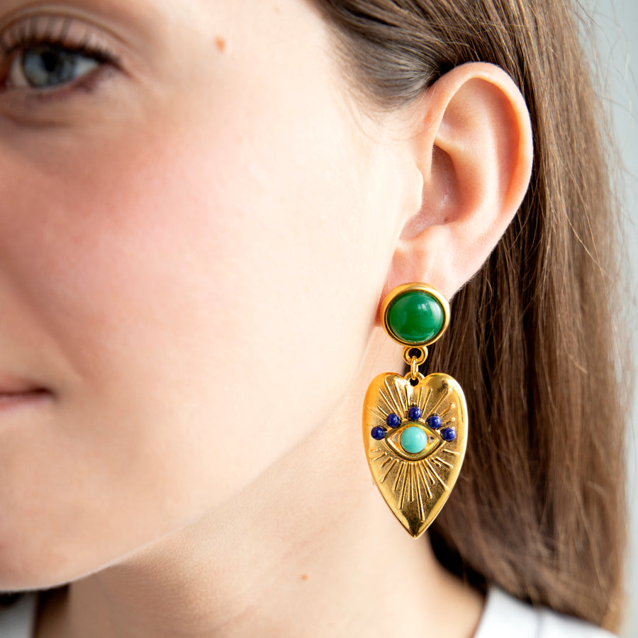 Katerina Psoma Green Heart Dangle Earrings with cabochons gold plated
