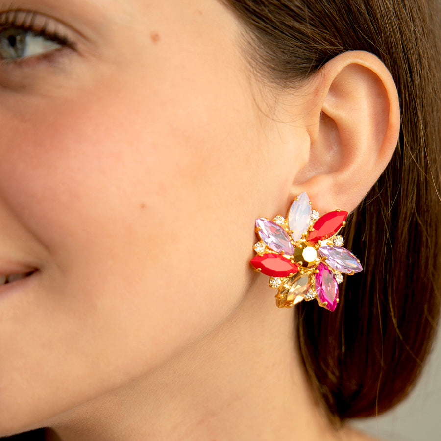 Katerina Psoma Clip Earrings with Red Multicolor Crystals