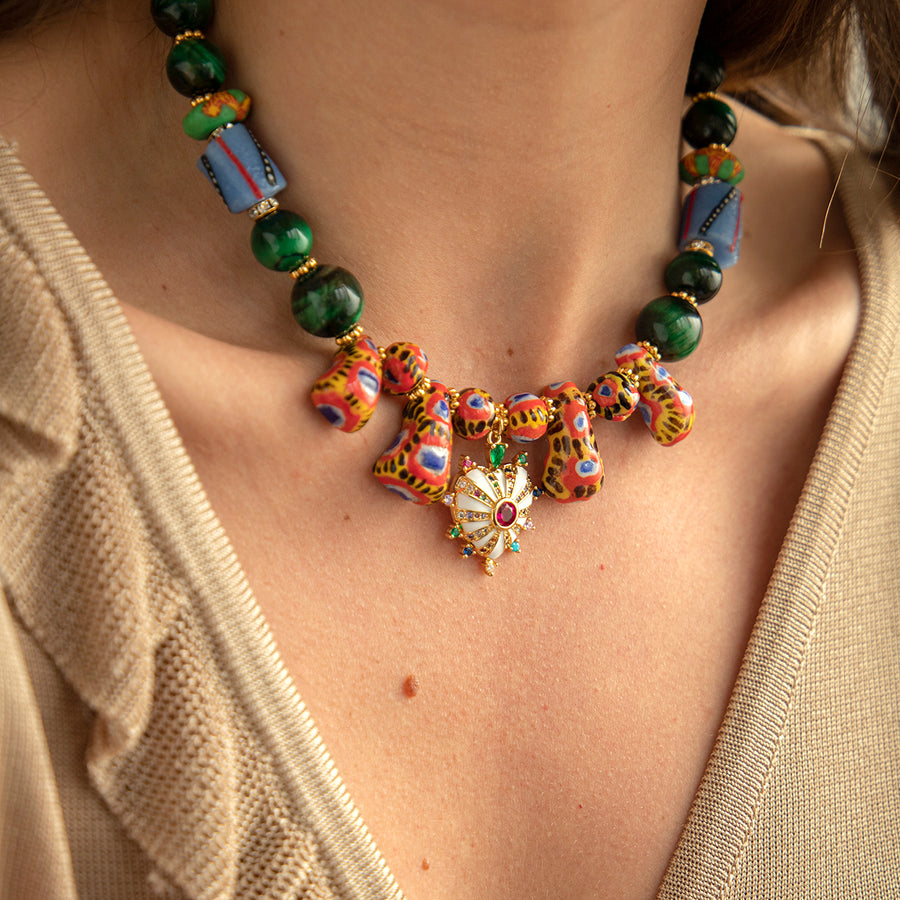 Katerina Psoma Green Short Necklace with trade beads and semiprecious stones