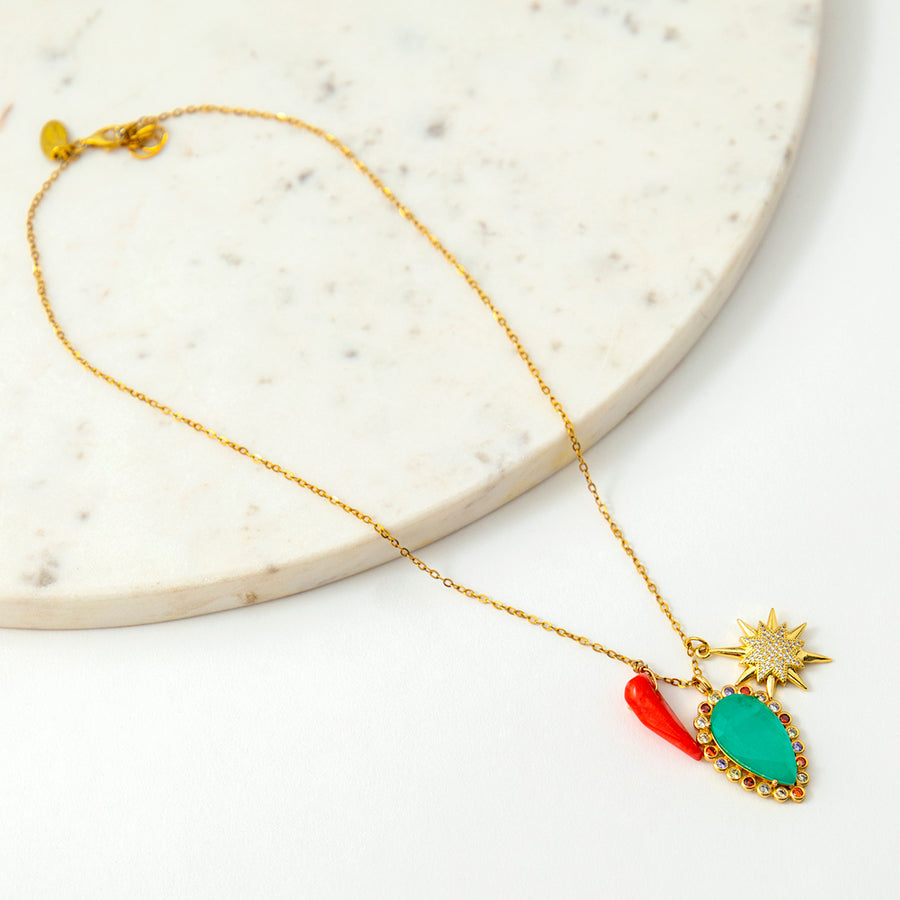 Katerina psoma Short Charm Necklace with coral and stones gold plated 925 si;ver chain