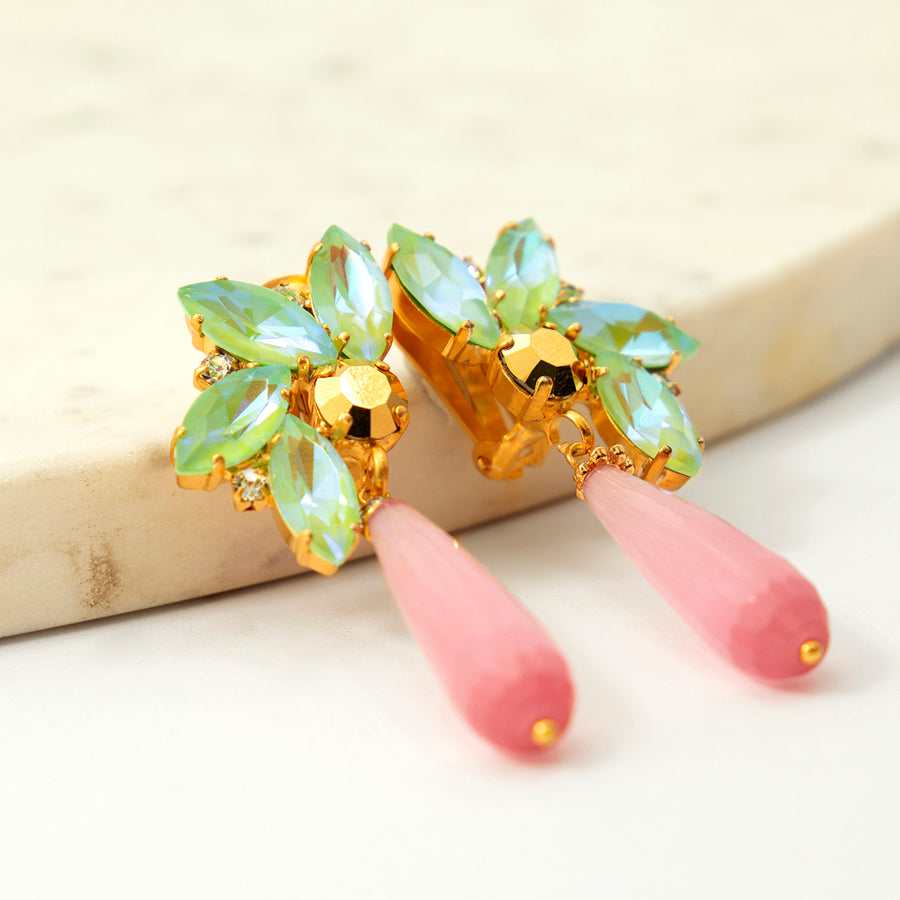 Katerina Psoma Green Clip Crystals Dangles pink drops gold plated brass