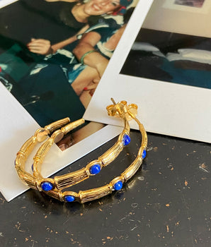 Katerina Psoma Small Bamboo Hoops with Lapis Lazuli gold plated metal