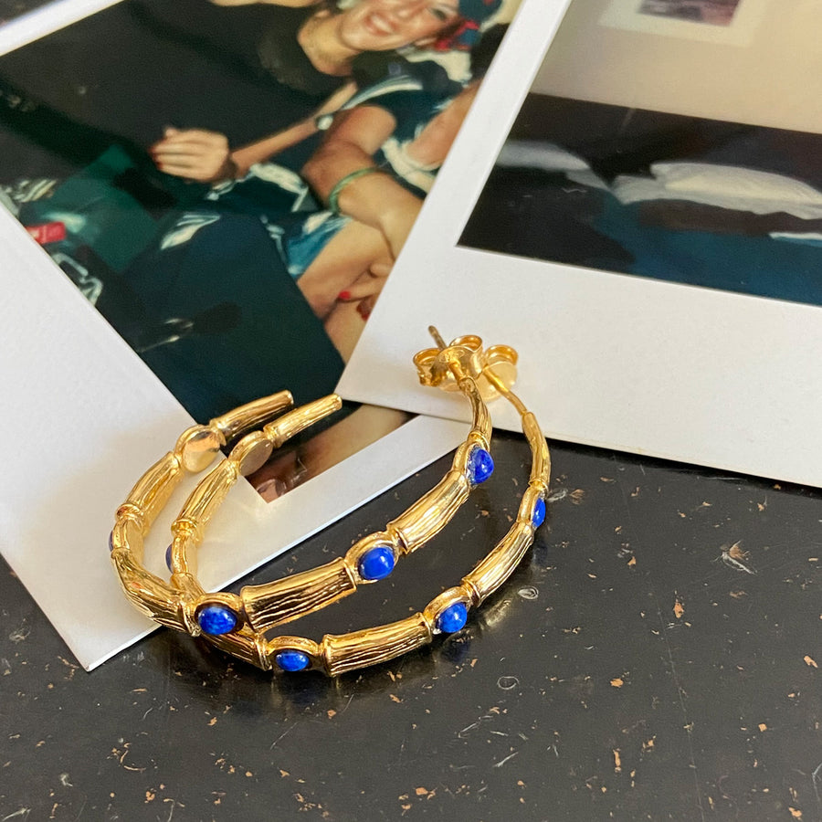 Katerina Psoma Small Bamboo Hoops with Lapis Lazuli gold plated metal