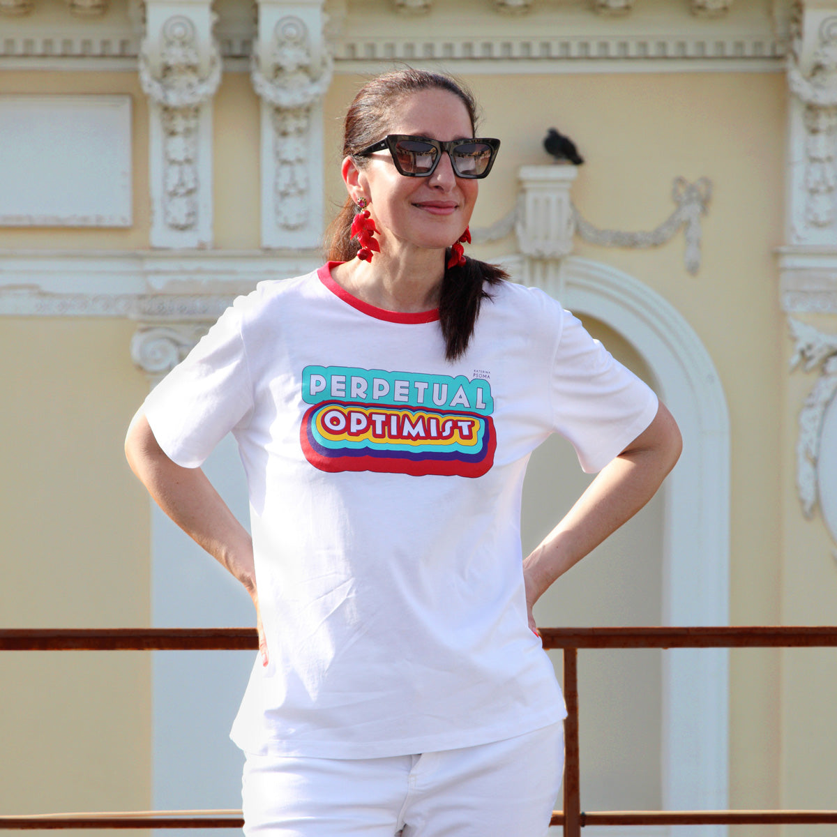 KATERINA PSOMA WHITE COTTON T SHIRT WITH MULTICOLOR STAMP VARIOUS SIZES AVAILABLE