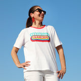 KATERINA PSOMA WHITE COTTON T SHIRT WITH MULTICOLOR STAMP