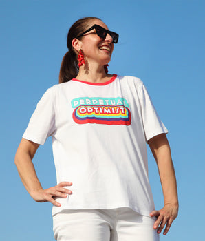 KATERINA PSOMA WHITE COTTON T SHIRT WITH MULTICOLOR STAMP