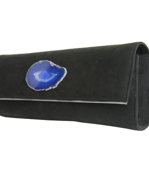 Black Suede Leather Clutch with Blue Agate