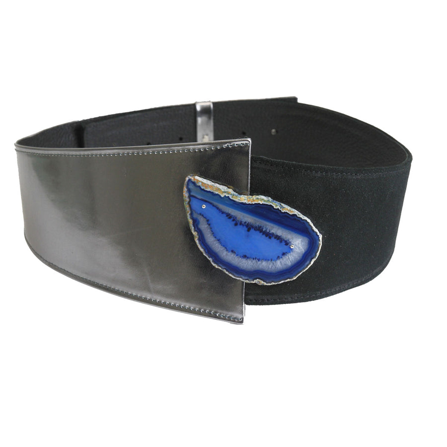 Suede and Metallic Leather Belt with Agate Stone