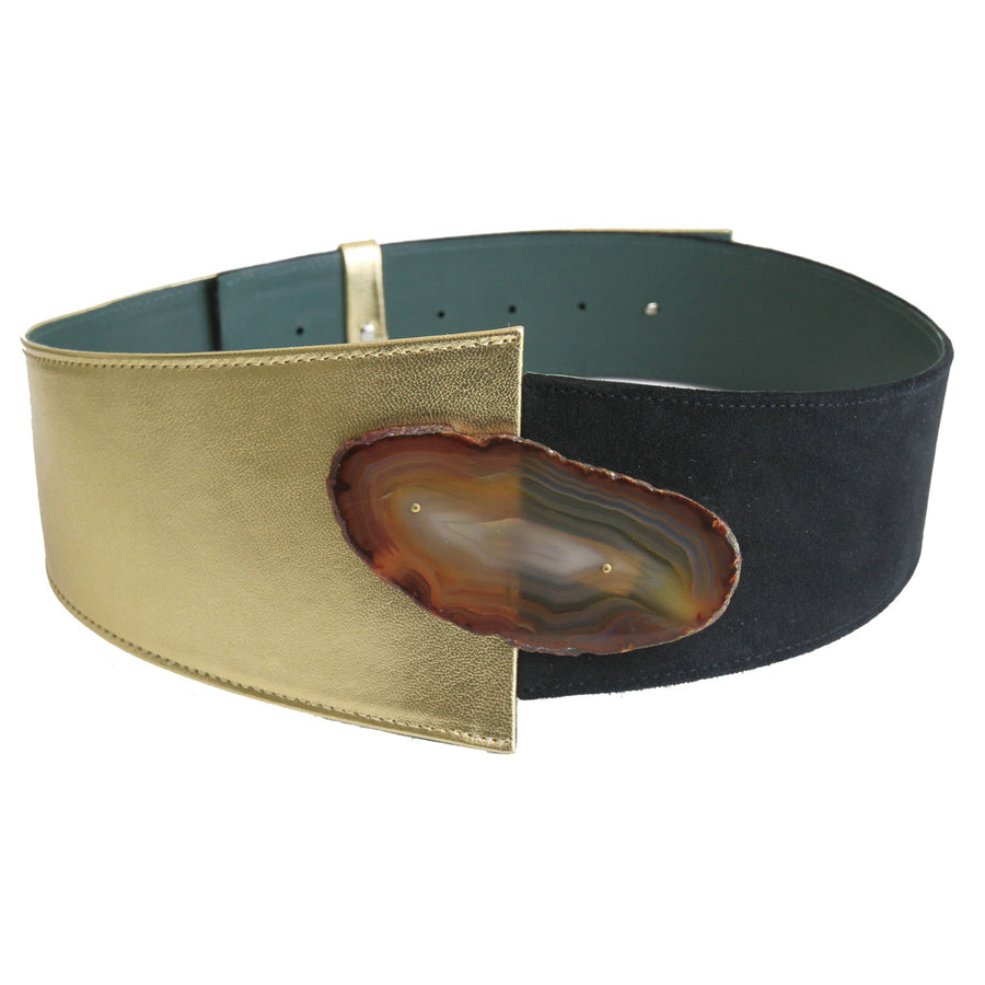 Suede and Metallic Leather Belt with Agate Stone