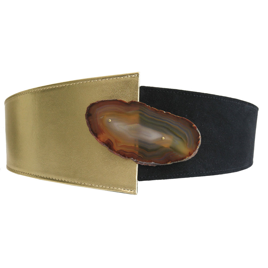 Suede and Metallic Leather Belt with Agate Stone